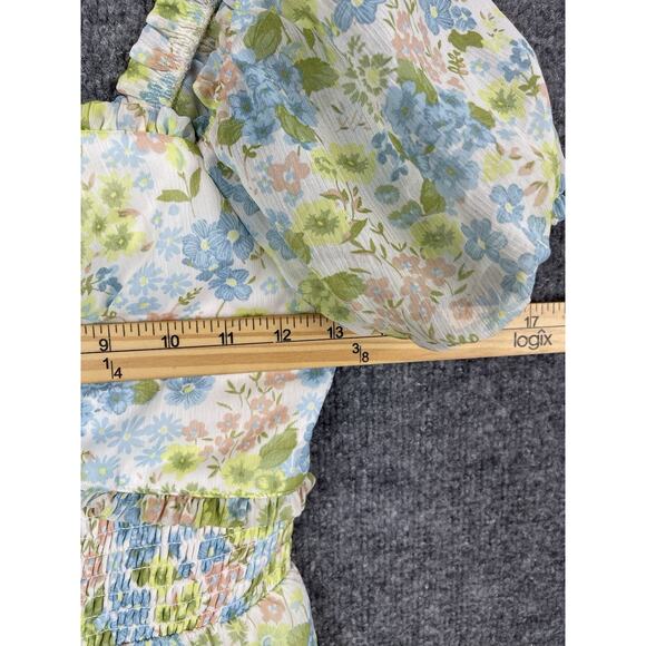 Maden NYC Junior's Green and Blue Floral Smocked Cut-out Mini Dress Puff Sleeve - Picture 6 of 12